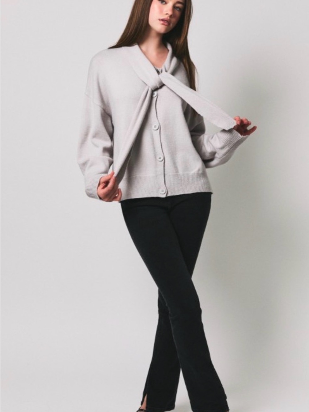 Le Lis Light Gray Tie-Neck Sweater